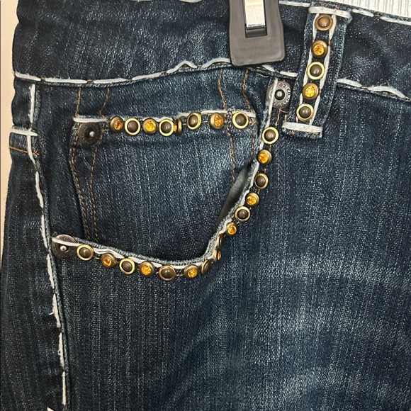 Ed Hardy Navy Skinny Jeans with Gold Chain Accents - Picture 2 of 4